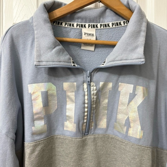 PINK Victorias Secret Blue Half Zip Holographic Spell Out Pullover Women’s Sz L - Picture 5 of 7